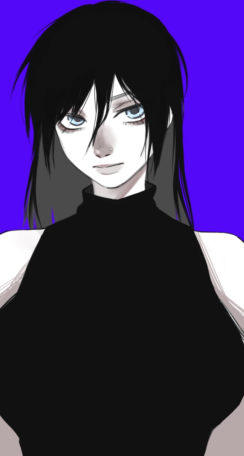 1girl, alternate_costume, alternate_hairstyle, animification, apex_legends, black_sweater, blue_eyes, breasts, chinese_commentary, face_piercing, hair_between_eyes, head_tilt, highres, large_breasts, light_smile, long_hair, nose_piercing, piercing, sleeveless, sleeveless_sweater, solo, sweater, turtleneck, turtleneck_sweater, upper_body, white_background, wraith_(apex_legends), yuzhou_lajiao_da_jisi