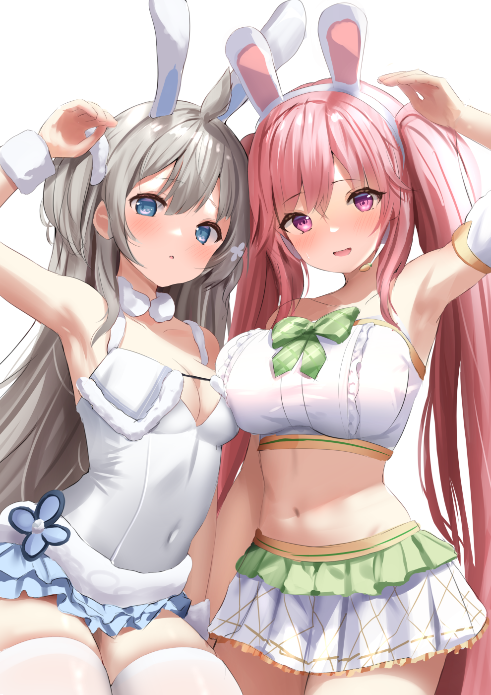 2girls, animal_ears, armpits, azur_lane, blue_eyes, blush, bow, bowtie