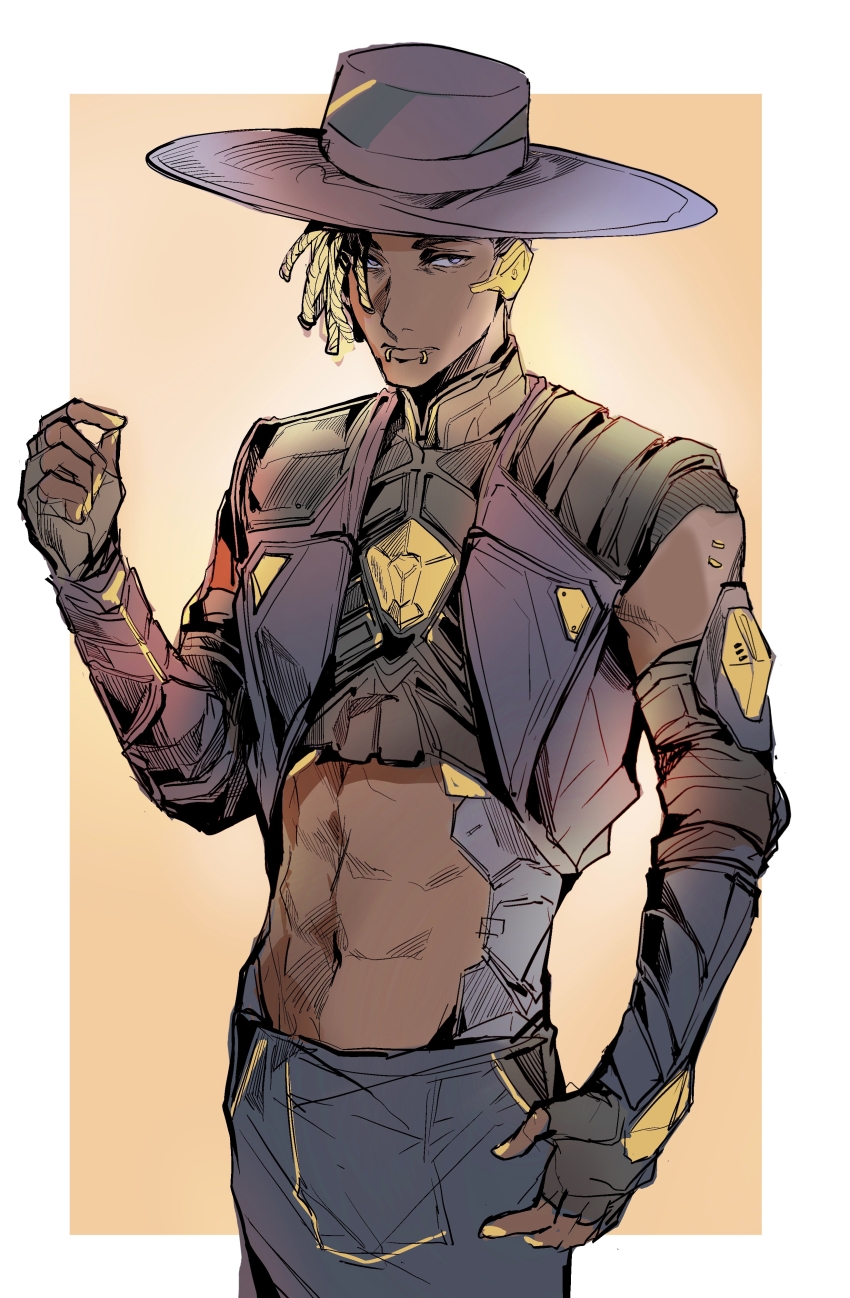 1boy, abs, absurdres, animification, apex_legends, black_gloves, black_hat, black_shirt