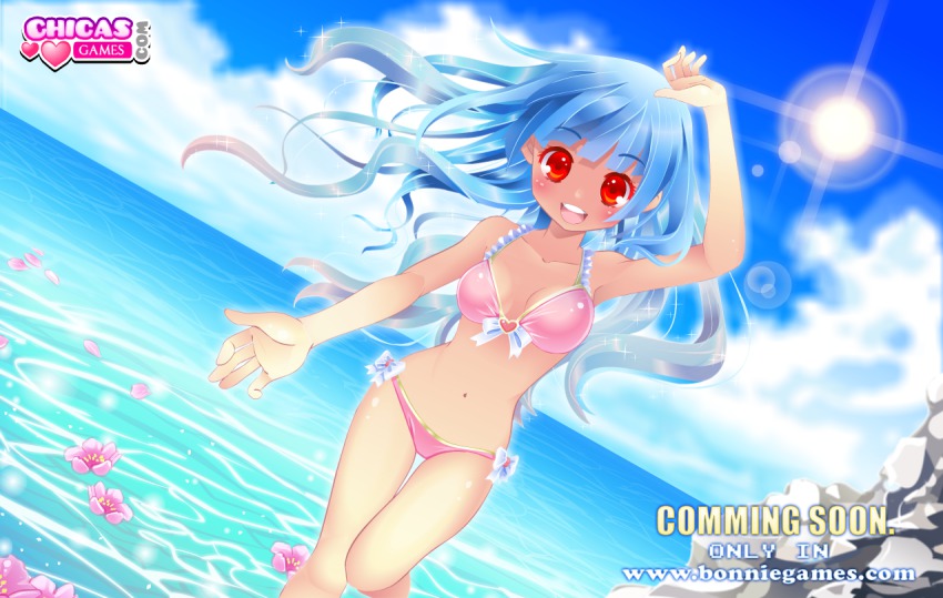 1girl, bikini, blue_hair, cloud, day, dutch_angle, eva_lara, female_focus, flower, lens_flare, long_hair, original, pink_bikini, red_eyes, sky, solo, sun, swimsuit, wading, water