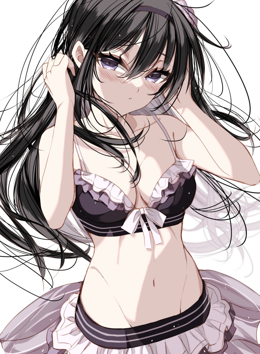 1girl, akemi_homura, akemi_homura_(swimsuit_ver.), alternate_breast_size, back_bow, bikini, bikini_skirt, black_bikini