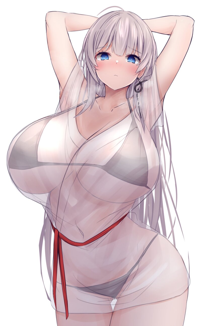 1girl, absurdres, arms_behind_head, azur_lane, bikini, blue_eyes, blush, breasts