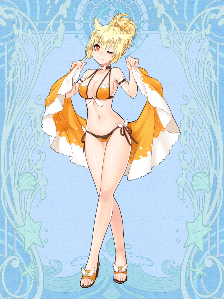 1girl, armband, bikini, blue_background, bow, breasts, choker, dairoku_ryouhei, full_body, hair_bow, hair_up, looking_at_viewer, medium_breasts, navel, one_eye_closed, orange_bikini, orange_bow, orange_eyes, sandals, side-tie_bikini_bottom, solo, standing, stellaria_museline, swimsuit, towel