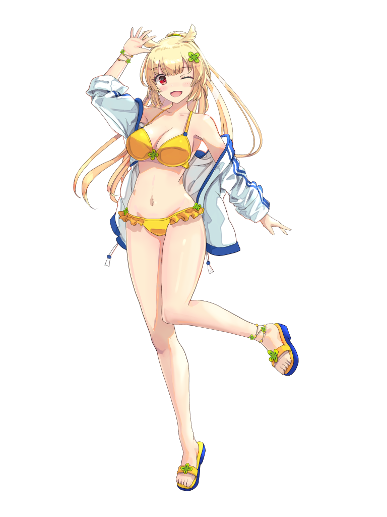 1girl, ;d, bikini, blonde_hair, bracelet, breasts, clover_hair_ornament, dairoku_ryouhei