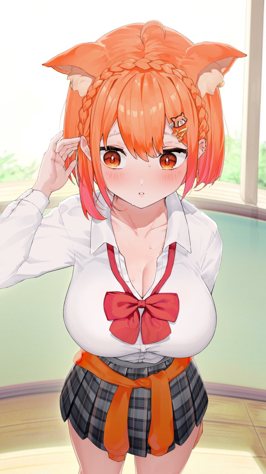 1girl, ahoge, amatou_(ko_me_9), animal_ear_fluff, animal_ears, blush, bow, bowtie, breasts, cleavage, collarbone, ear_piercing, earrings, grey_skirt, hair_ornament, highres, jewelry, large_breasts, lips, looking_down, loose_bowtie, medium_hair, nijisanji, open_mouth, orange_eyes, orange_hair, piercing, plaid_clothes, plaid_skirt, pleated_skirt, ratna_petit, ratna_petit_(5th_costume), red_bow, red_bowtie, red_panda, red_panda_ears, red_panda_girl, red_panda_tail, school_uniform, shirt, shy, skirt, solo, star_(symbol), star_earrings, sweat, thighs, virtual_youtuber, white_shirt, x_hair_ornament