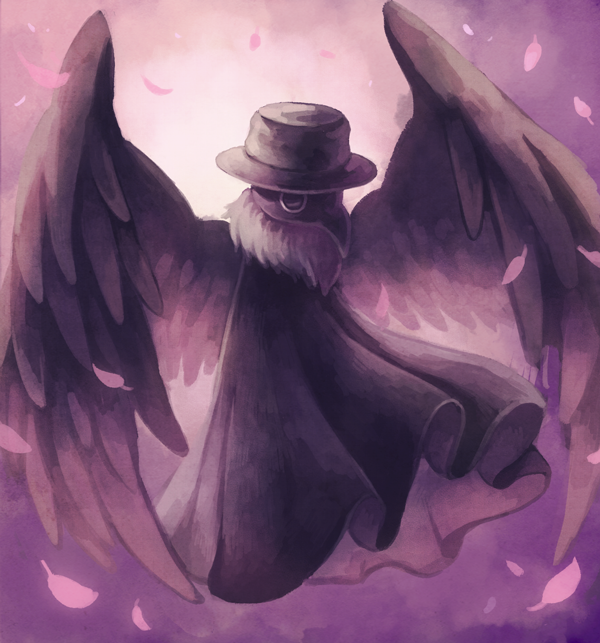 black_cloak, black_hat, black_wings, cloak, commentary_request, falling_feathers, feathered_wings, feathers