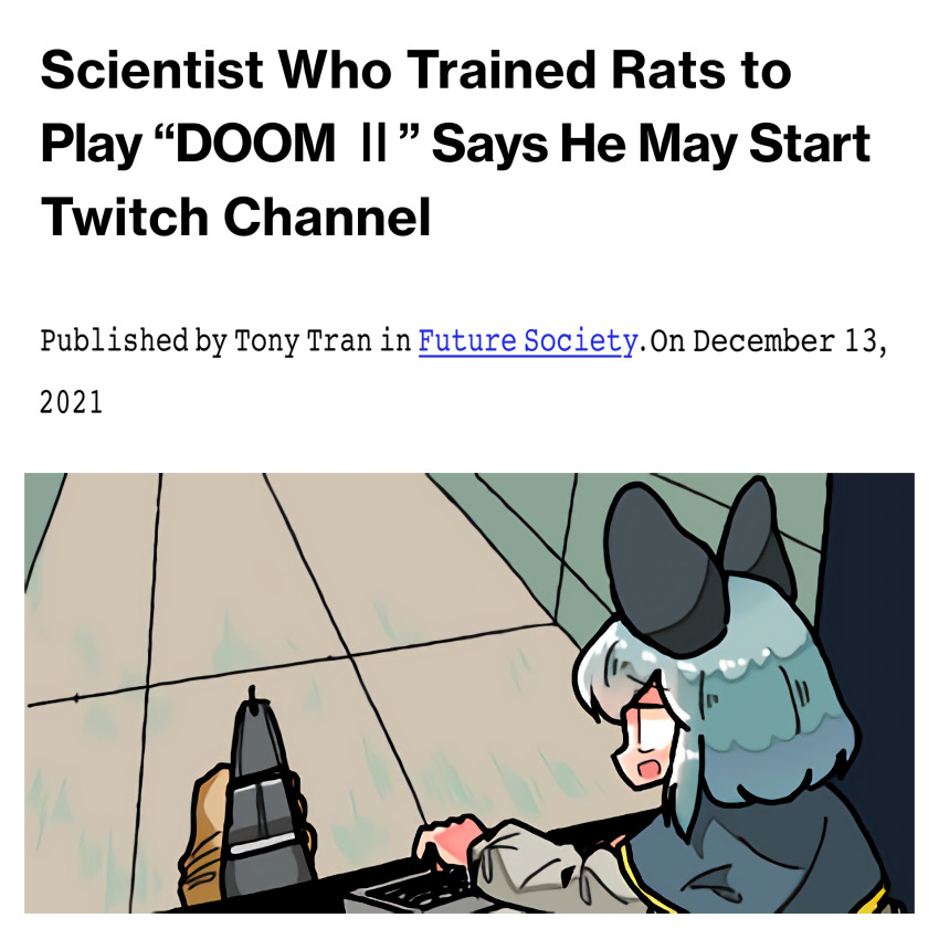 1girl, animal_ears, blue_capelet, capelet, doom_(series), doom_ii, english_text, grey_hair