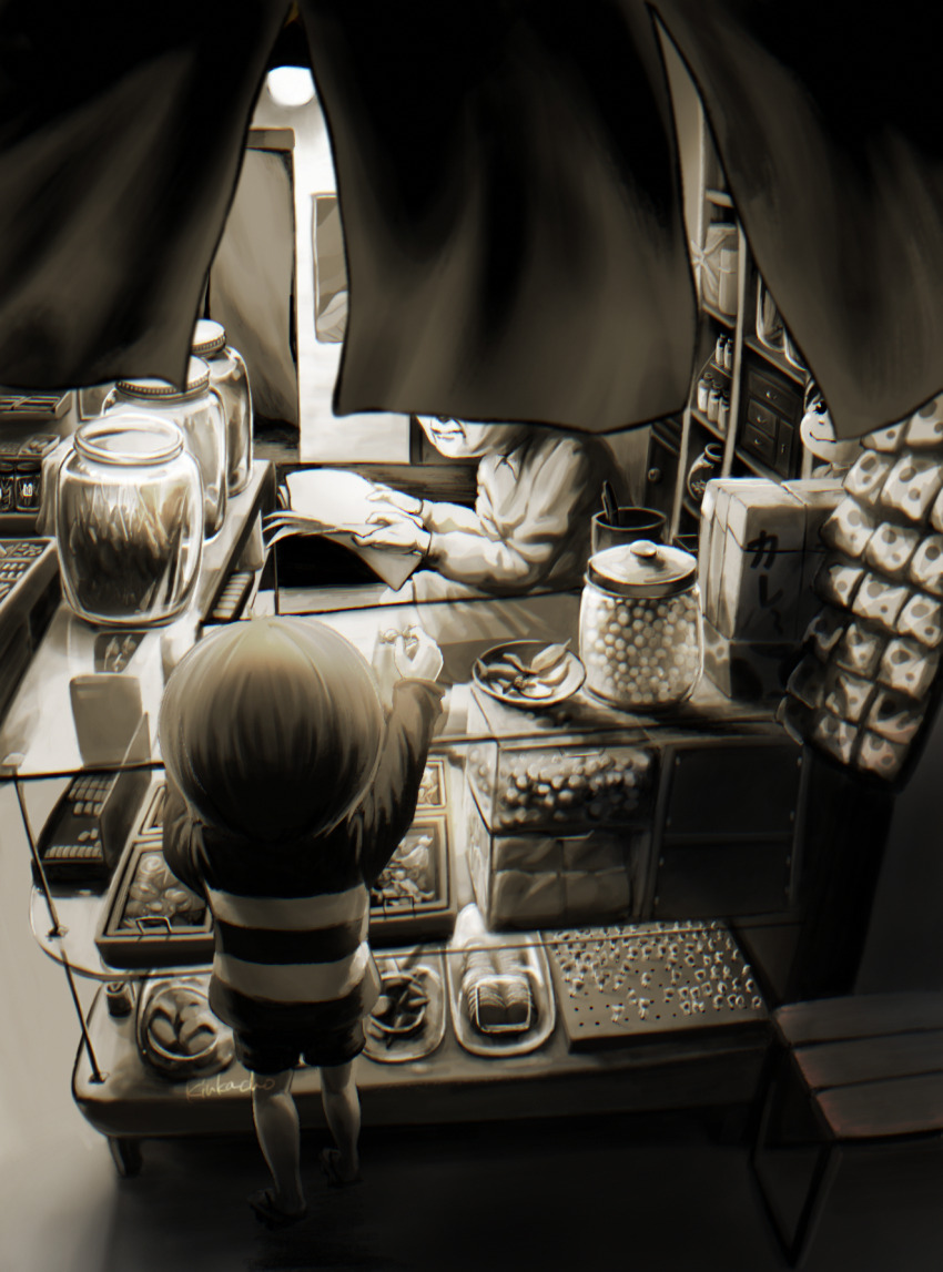 2boys, candy, candy_store, commentary_request, covered_face, food, gegege_no_kitarou, highres