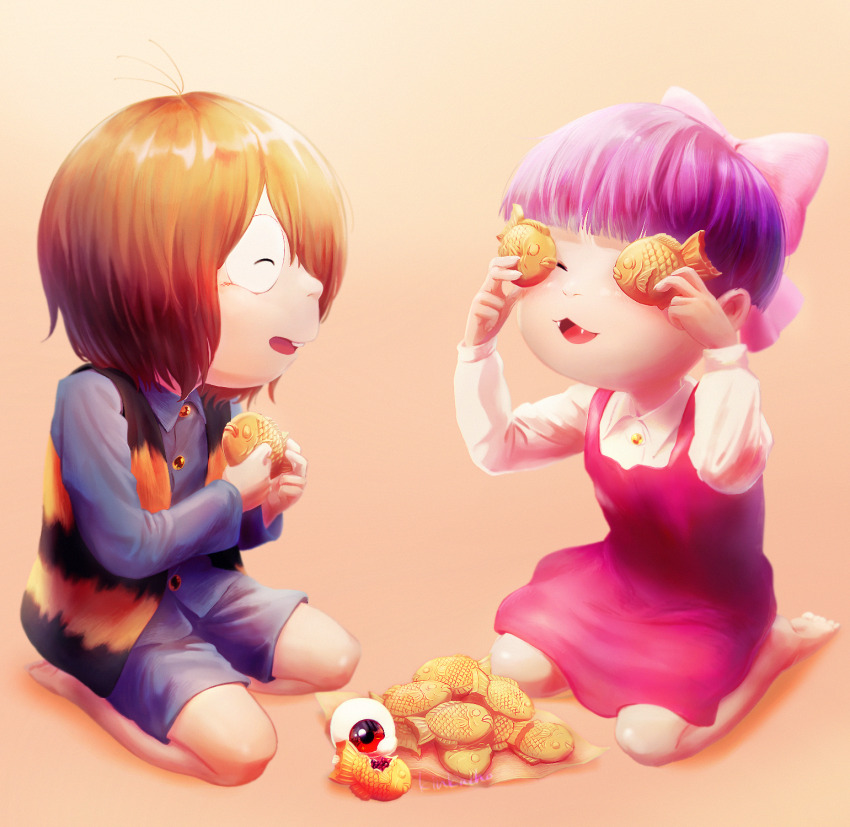 1girl, 2boys, barefoot, biscuit_(bread), bow, cat_girl, commentary_request, eyeball