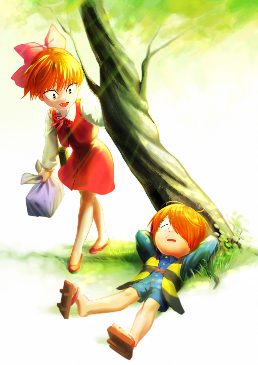 1boy, 1girl, arms_behind_head, bow, brown_hair, commentary_request, day, fang