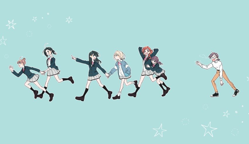 6+girls, :d, absurdres, ahoge, arms_behind_head, black_footwear, black_hair, black_socks