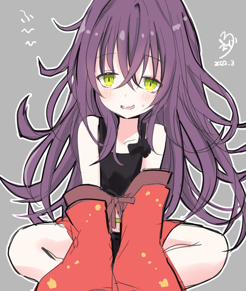 1girl, bags_under_eyes, bare_shoulders, black_tank_top, dated, eijirou02, green_eyes, grey_background