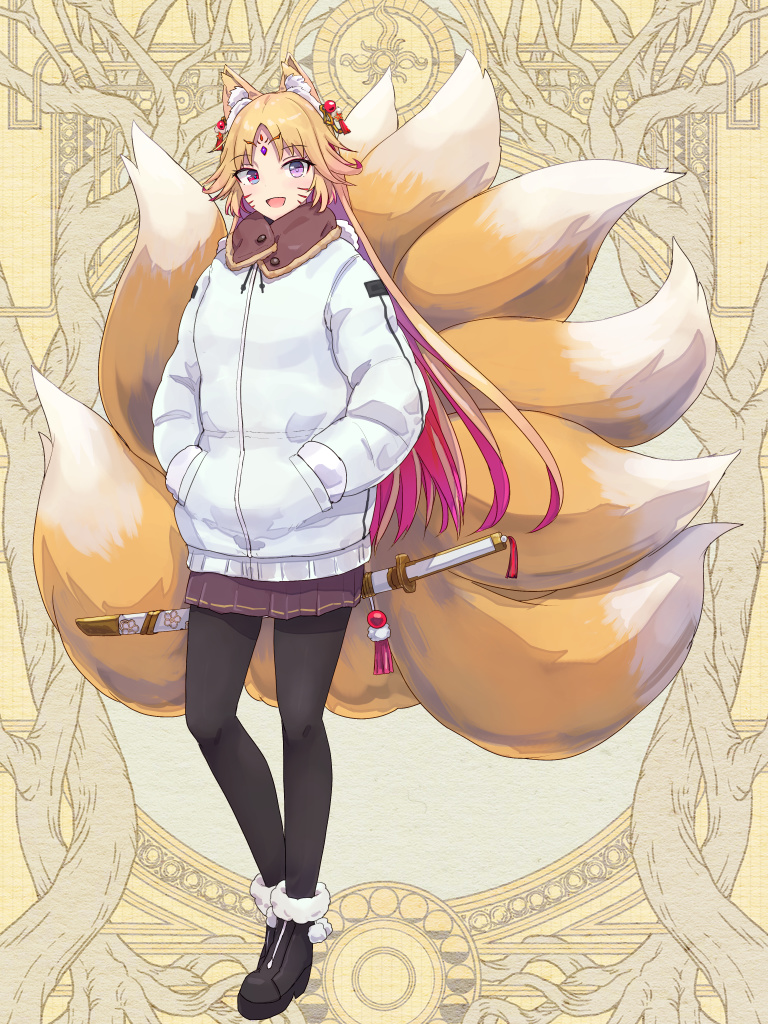 1girl, :d, airi_ganguru, animal_ears, black_footwear, black_pantyhose, blonde_hair, brown_skirt