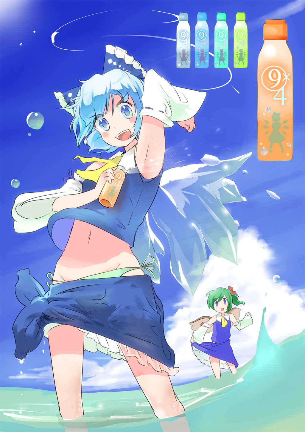 2girls, :d, aerosol, arm_up, armpits, bikini, bikini_bottom_only, blue_eyes