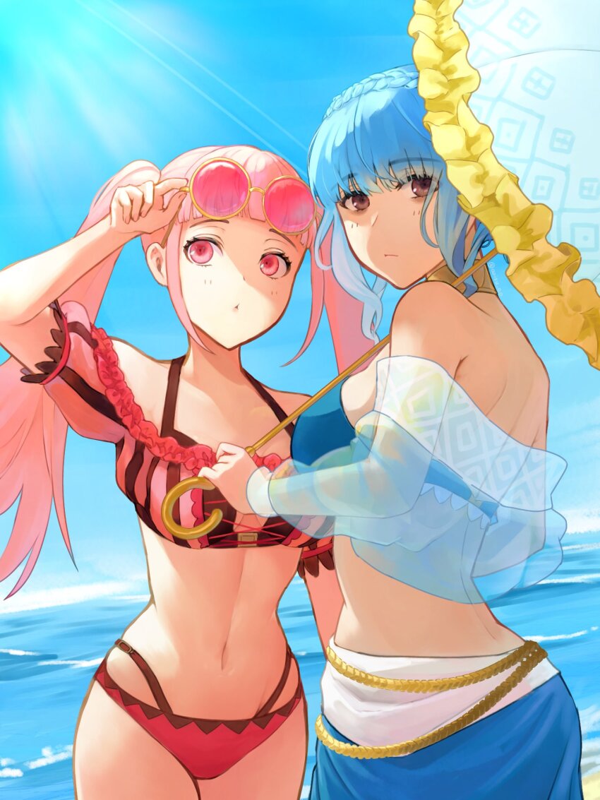 2girls, aoisu_ao, back, bare_shoulders, bikini, blue_bikini, blue_hair, braid, breasts, brown_eyes, cross-laced_bikini, cross-laced_clothes, crown_braid, eyewear_on_head, fire_emblem, fire_emblem:_three_houses, fire_emblem_heroes, highres, hilda_valentine_goneril, hilda_valentine_goneril_(summer), holding, holding_umbrella, large_breasts, long_hair, looking_at_viewer, looking_back, marianne_von_edmund, marianne_von_edmund_(summer), multiple_girls, navel, nintendo, ocean, off-shoulder_bikini, off_shoulder, official_alternate_costume, parasol, pink-tinted_eyewear, pink_bikini, pink_eyes, pink_hair, sarong, sideboob, sunglasses, sunlight, swimsuit, tinted_eyewear, twintails, umbrella
