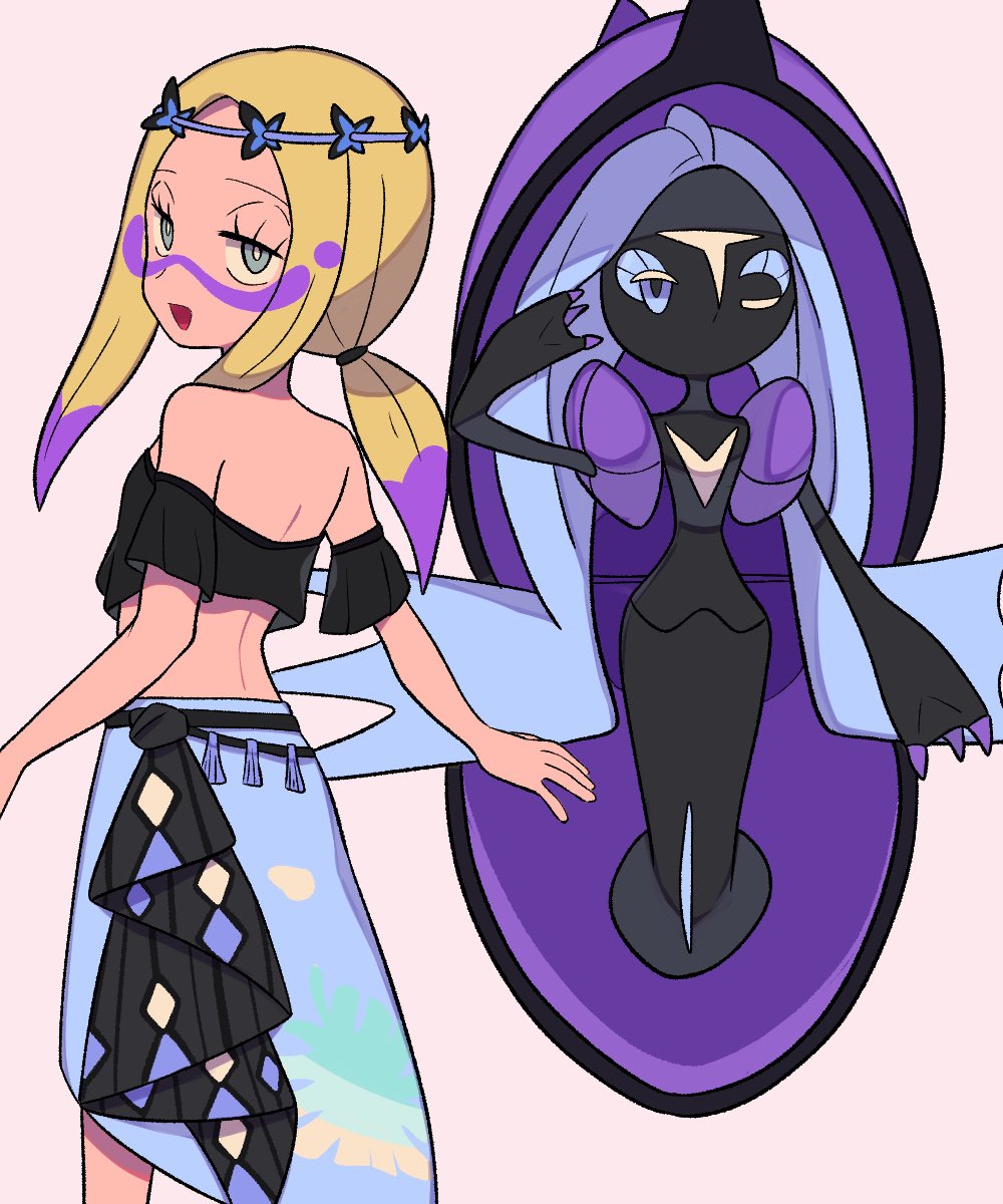 1girl, :d, black_shirt, blonde_hair, blue_headband, blue_skirt, bright_pupils, commentary_request