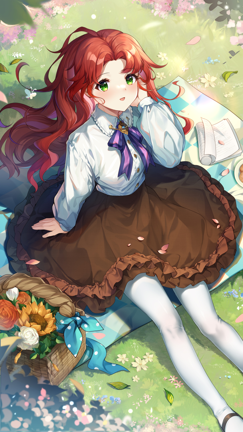 1girl, :d, absurdres, aged_down, ankle_strap, arm_support, blanket, book, bow, bowtie, brown_skirt, bug, butterfly, collared_shirt, curly_hair, falling_petals, feet_out_of_frame, flower, frilled_shirt_collar, frilled_skirt, frills, from_above, grass, green_eyes, guzangnanfeng, hand_in_own_hair, hand_up, helix_waltz_2, highres, insect, kalia_rovella, leaf, long_hair, long_sleeves, looking_up, on_ground, open_book, open_mouth, outdoors, pantyhose, parted_bangs, petals, picnic_basket, puffy_long_sleeves, puffy_sleeves, purple_bow, purple_bowtie, red_flower, red_hair, red_rose, rose, shirt, sitting, skirt, smile, solo, sunflower, white_flower, white_pantyhose, white_rose, white_shirt, yellow_flower