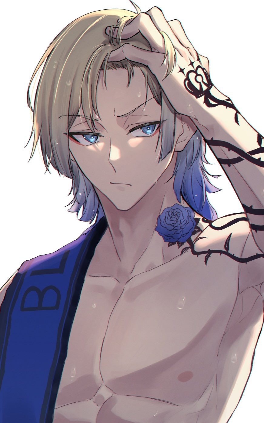 1boy, arm_tattoo, blonde_hair, blue_eyes, blue_hair, blue_lock, closed_mouth, commentary_request, gradient_hair, hand_in_own_hair, highres, long_hair, male_focus, michael_kaiser, multicolored_hair, neck_tattoo, nipples, sa_kamichi, simple_background, solo, tattoo, topless_male, towel, towel_on_one_shoulder, upper_body, white_background