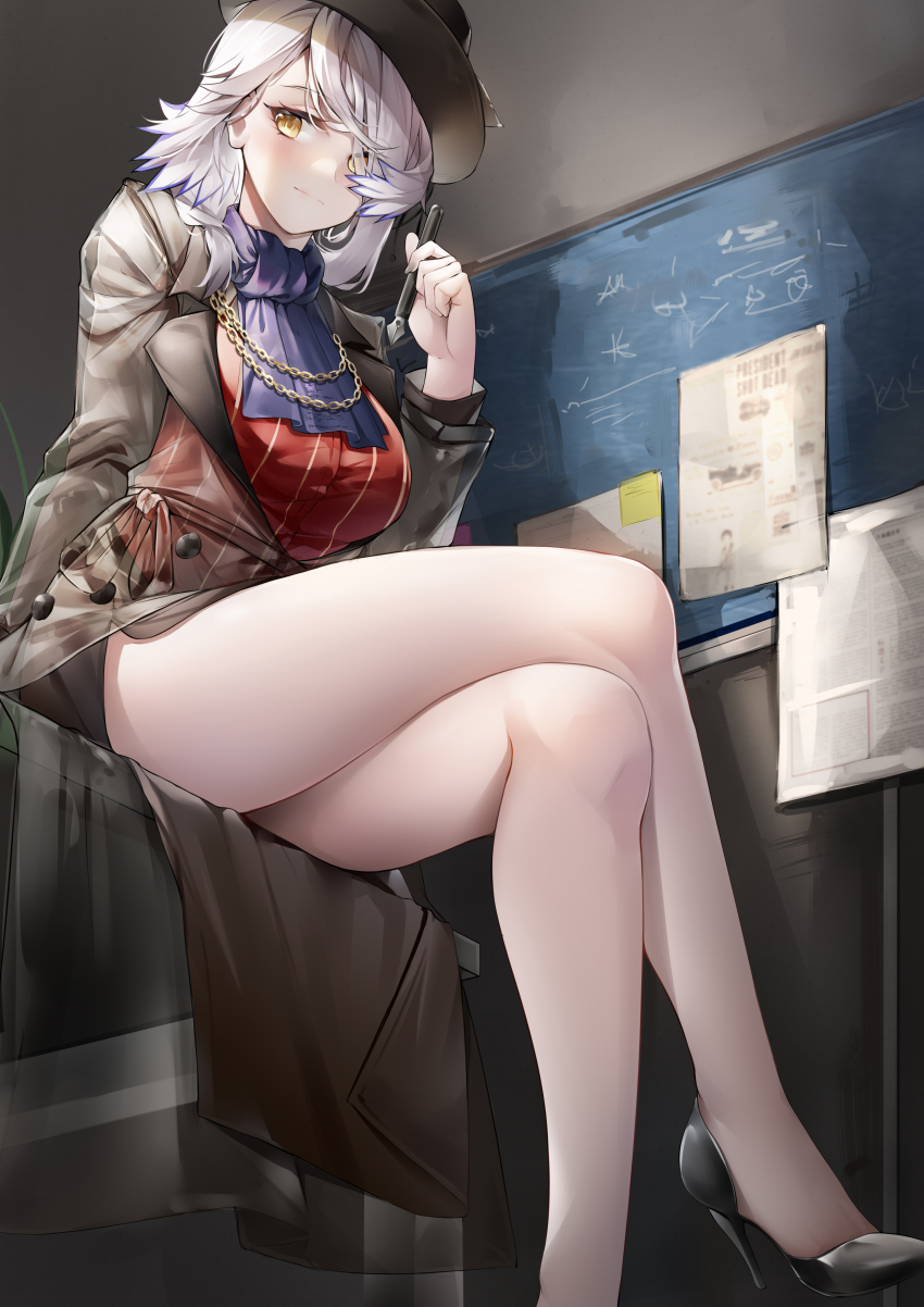 1girl, absurdres, arknights, ascot, black_ascot, black_footwear, black_headwear, blush