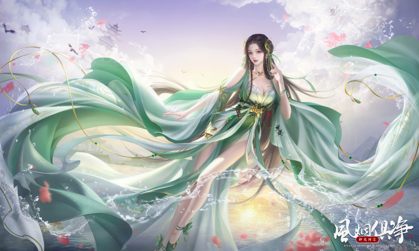 1girl, absurdres, anklet, bare_shoulders, bi_yao_(zhu_xian), bird, bracelet, brown_hair