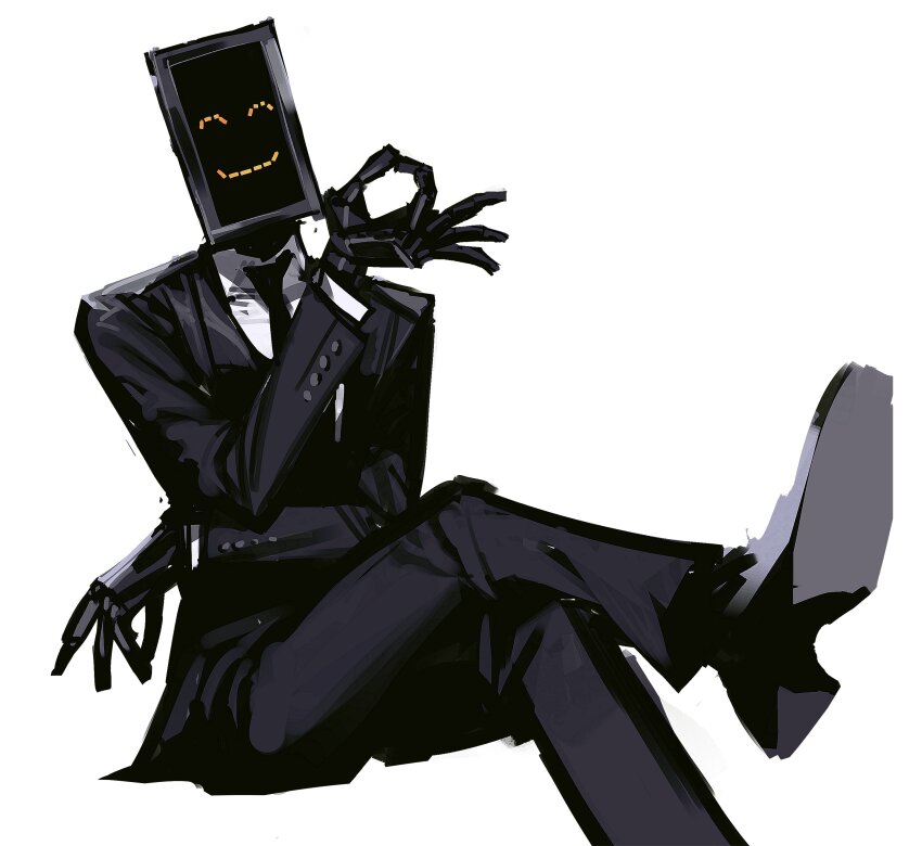 1boy, absurdres, android, black_jacket, black_necktie, black_pants, black_shoes, collared_shirt