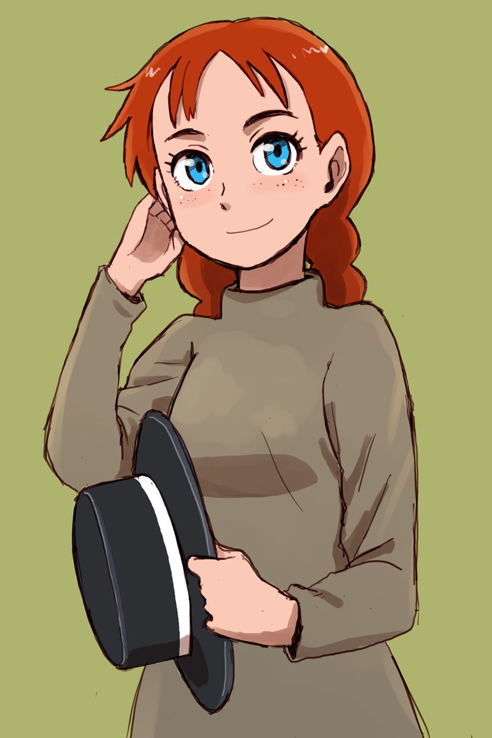 1girl, anne_of_green_gables, anne_shirley, black_hat, blue_eyes, braid, closed_mouth, dress, freckles, green_background, grey_dress, hat, highres, holding, holding_unworn_clothes, holding_unworn_hat, light_blush, long_dress, naotan, red_hair, simple_background, smile, solo, twin_braids, unworn_hat, unworn_headwear, world_masterpiece_theater