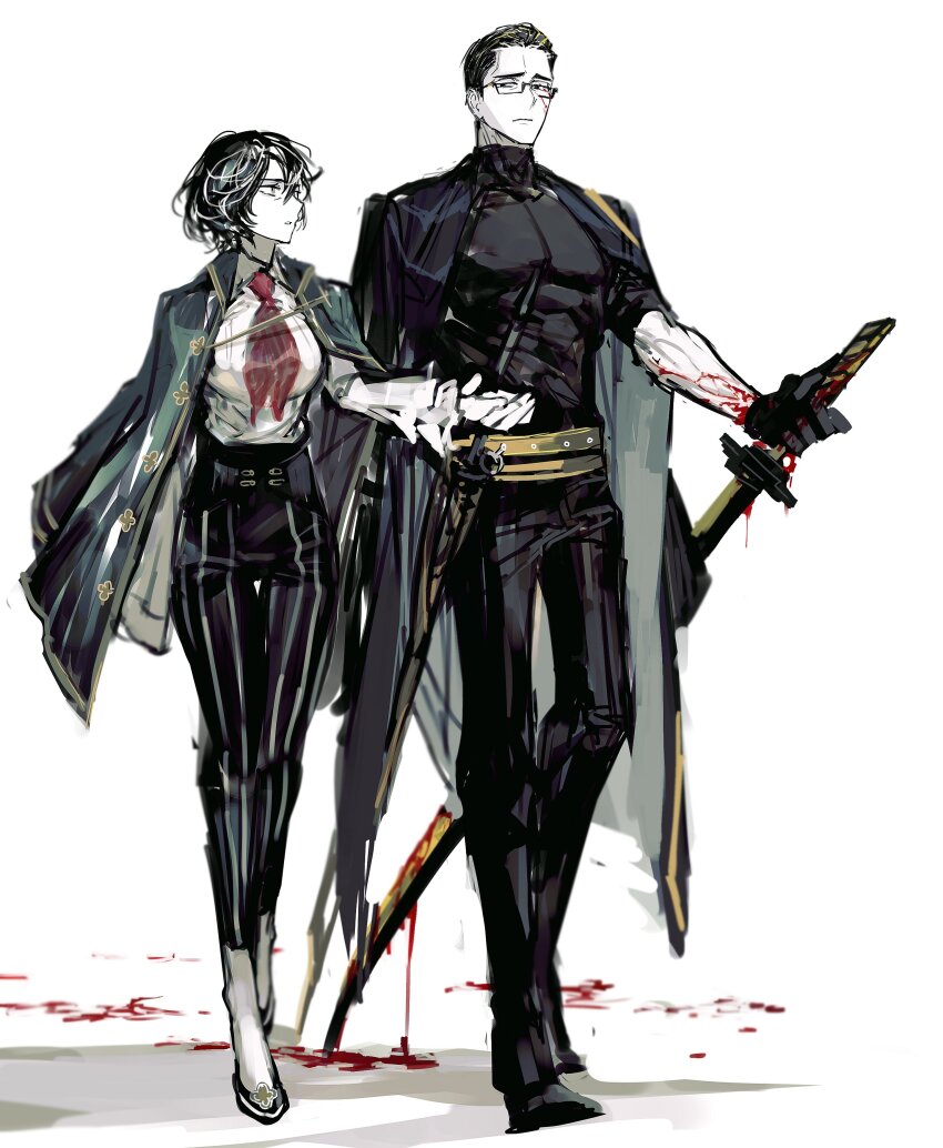 1boy, 1girl, absurdres, ascot, belt, black_eyes, black_footwear, black_gloves, black_hair, black_shirt, blood, bloody_weapon, blue_coat, coat, coat_on_shoulders, full_body, glasses, gloves, hair_slicked_back, high-waist_pants, highres, looking_at_another, moses_(project_moon), muscular, muscular_male, pants, project_moon, red_ascot, remsrar, shirt, shoes, simple_background, striped_clothes, striped_pants, the_distortion_detective, vespa_crabro, walking, weapon, white_background, yellow_belt