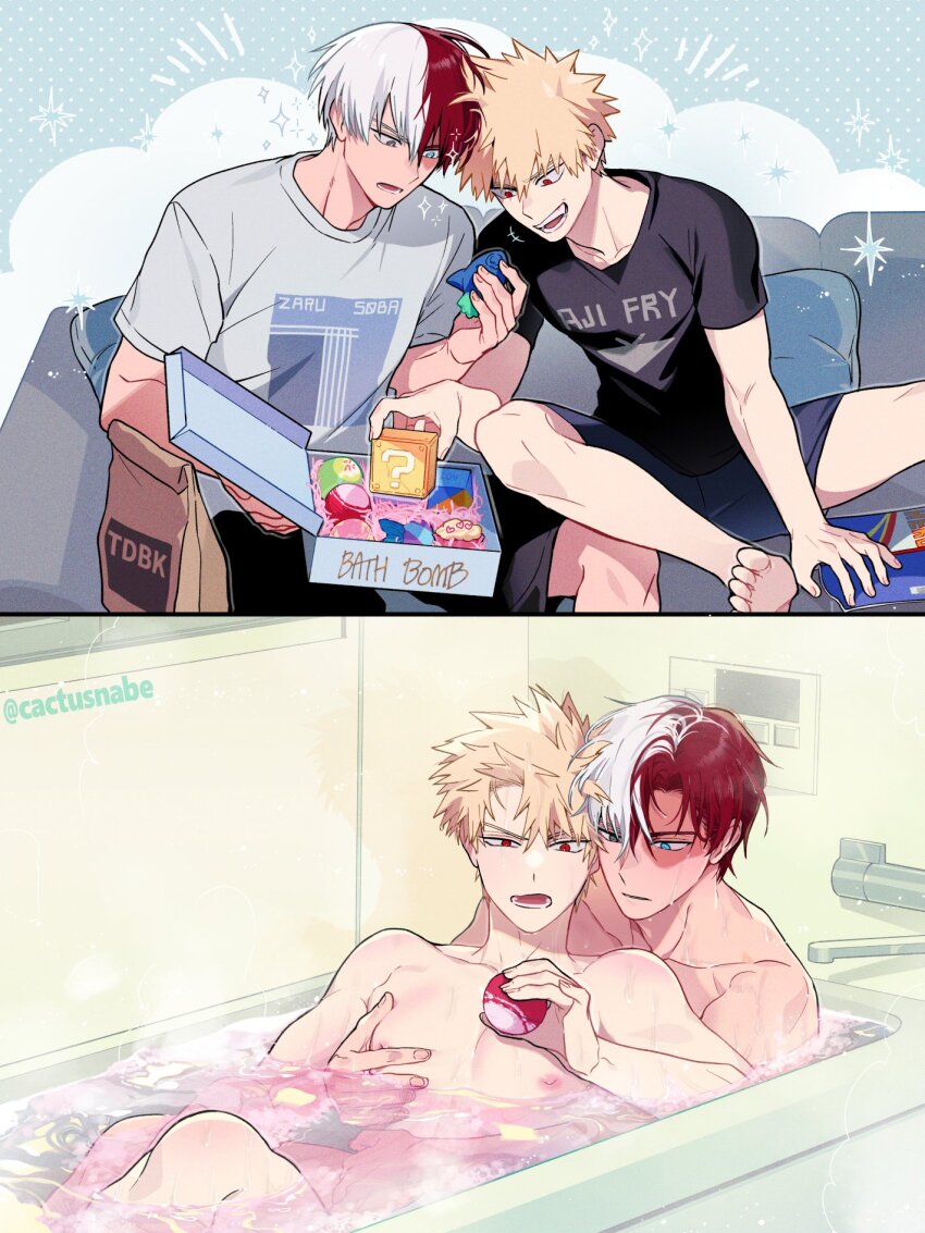 2boys, ?_block, artist_name, bag, bakugou_katsuki, bath, bath_bomb, bathtub, black_shirt, black_shorts, blonde_hair, blue_background, blue_eyes, boku_no_hero_academia, box, bubble, bubble_bath, burn_scar, cactusnabe, collarbone, commentary_request, couch, faucet, grey_eyes, grey_shirt, hair_between_eyes, hand_up, heterochromia, highres, holding, holding_box, male_focus, mario_(series), multicolored_hair, multiple_boys, nintendo, notice_lines, on_couch, open_mouth, paper_bag, partially_submerged, pectoral_grab, pillow, polka_dot, polka_dot_background, red_eyes, red_hair, round_teeth, scar, scar_on_face, shirt, short_hair, short_sleeves, shorts, simple_background, sitting, smile, spiked_hair, split-color_hair, steam, t-shirt, teeth, todoroki_shoto, twitter_username, two-tone_hair, water, wet, wet_hair, white_background, white_hair, yaoi