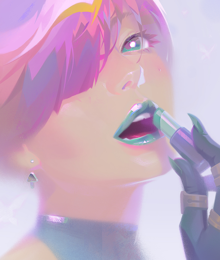 1boy, aqua_lips, cece_hat_(zelda), cosmetics, crossdressing, crossdressing_(mtf), earrings, eyelashes, fingernails, hair_over_one_eye, hat, highres, holding, holding_lipstick_tube, jewelry, link, lipstick, lipstick_tube, looking_at_viewer, makeup, nintendo, official_alternate_costume, official_alternate_hairstyle, open_mouth, purple_hair, sasha_tudvaseva, sharp_fingernails, smile, solo, teeth, the_legend_of_zelda, the_legend_of_zelda:_tears_of_the_kingdom, trap, upper_body, upper_teeth_only