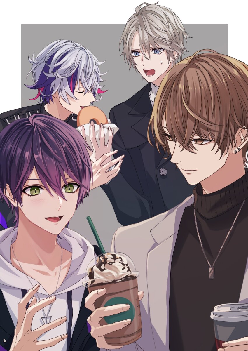 4boys, black_coat, black_sweater, blue_eyes, blush, brown_eyes, brown_hair, buttons, closed_eyes, coat, cup, disposable_coffee_cup, disposable_cup, donut, drinking_straw, earrings, fingernails, food, frappuccino, fuwa_minato, green_eyes, grey_background, grey_hair, grey_hoodie, grey_jacket, hair_between_eyes, hand_up, highres, holding, holding_cup, holding_food, hood, hood_down, hoodie, jacket, jewelry, kagami_hayato, kagami_hayato_(7th_costume), kaida_haru, kaida_haru_(2nd_costume), kenmochi_touya, lapels, looking_at_another, male_focus, multicolored_hair, multiple_boys, napkin, necklace, nijisanji, open_clothes, open_jacket, open_mouth, parted_bangs, parted_lips, pink_hair, purple_hair, rof-mao, round_teeth, short_hair, simple_background, smile, soiya_(soiyaaaaaa2), streaked_hair, sweatdrop, sweater, teeth, tongue, turtleneck, turtleneck_sweater, two-tone_background, virtual_youtuber, whipped_cream, white_background, white_hair, white_sweater
