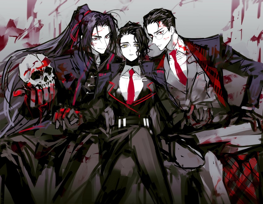 1girl, 2boys, black_coat, black_gloves, black_hair, black_jacket, black_pants, black_vest, blood, blood_on_clothes, blood_on_face, blood_on_wall, blue_coat, closed_mouth, coat, coat_on_shoulders, collared_shirt, crossed_arms, glasses, gloves, grey_pants, grey_vest, gubo_(project_moon), hermann_(limbus_company), high_ponytail, highres, holding, holding_hands, holding_skull, jacket, jia_huan_(limbus_company), limbus_company, long_hair, looking_at_viewer, multiple_boys, pants, ponytail, project_moon, red_eyes, remsrar, rogues'_gallery, round_eyewear, shirt, sitting, skull, very_long_hair, vest, white_shirt, yellow_eyes