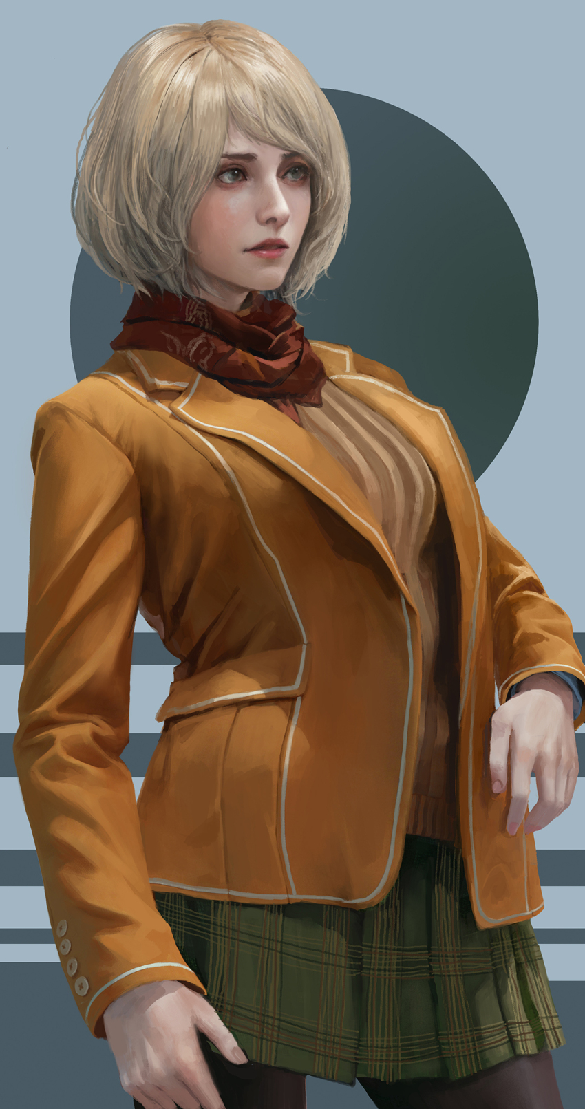 1girl, ashley_graham, bandana, black_pantyhose, blonde_hair, brown_eyes, brown_jacket, brown_sweater