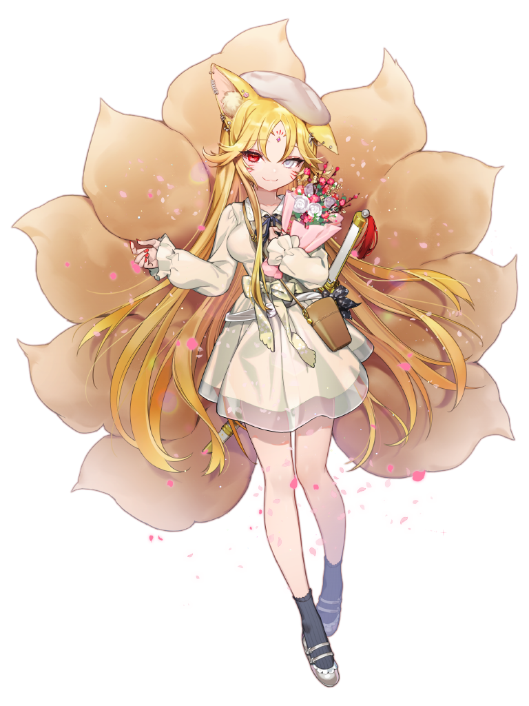 1girl, airi_ganguru, animal_ear_fluff, animal_ears, bag, black_socks, blonde_hair, bouquet