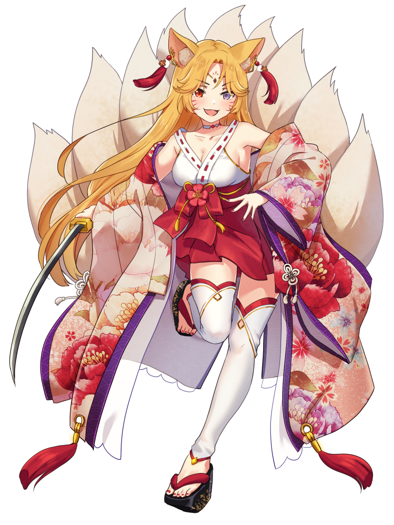 1girl, :d, airi_ganguru, animal_ears, breasts, cleavage, dairoku_ryouhei, ear_piercing, facial_mark, floral_print, forehead_jewel, fox_ears, fox_girl, fox_tail, full_body, grey_eyes, hand_on_own_hip, heterochromia, holding, holding_sword, holding_weapon, kitsune, kyuubi, multiple_tails, nail_polish, okobo, open_mouth, piercing, platform_clogs, platform_sandals, purple_eyes, red_eyes, sandals, simple_background, small_breasts, smile, solo, standing, standing_on_one_leg, sword, tachi-e, tail, tassel, thighhighs, toenail_polish, toenails, transparent_background, unmoving_pattern, weapon, whisker_markings, white_thighhighs, wide_sleeves, zettai_ryouiki
