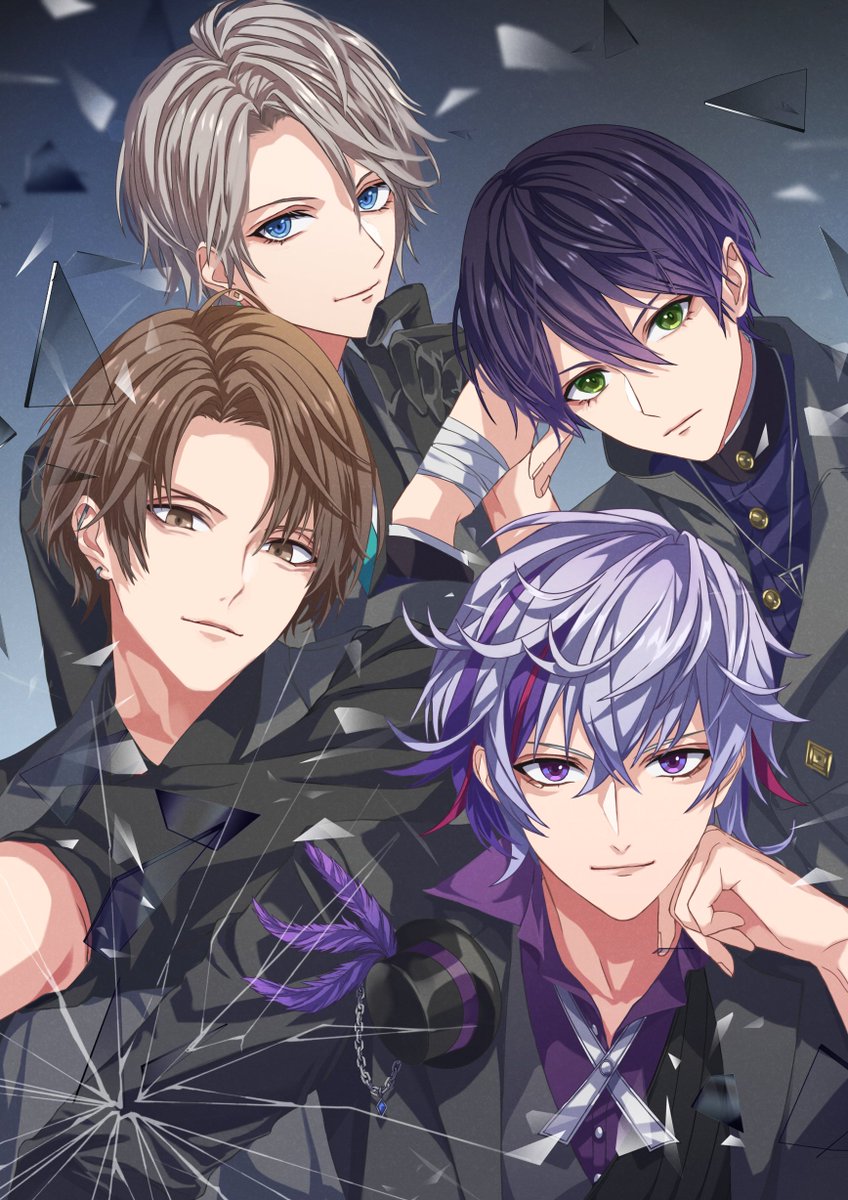 4boys, bandaged_hand, bandages, black_gloves, black_hair, black_jacket, black_shirt, blue_eyes