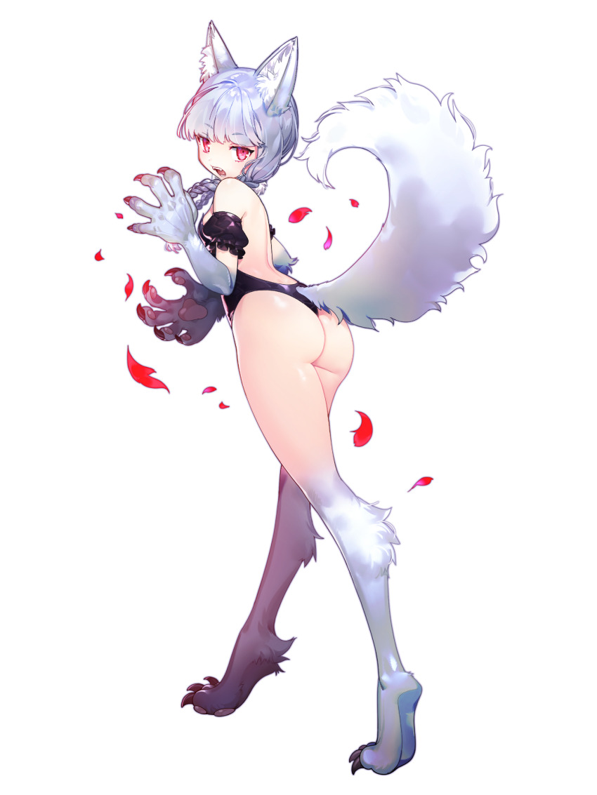 1girl, :o, animal_ear_fluff, animal_ears, animal_feet, animal_hands, ass, bare_shoulders, black_leotard, braid, dairoku_ryouhei, full_body, highres, leotard, mary_bethlehem, red_eyes, shiropbw, solo, tail, transparent_background, twin_braids, wolf_ears, wolf_girl, wolf_tail