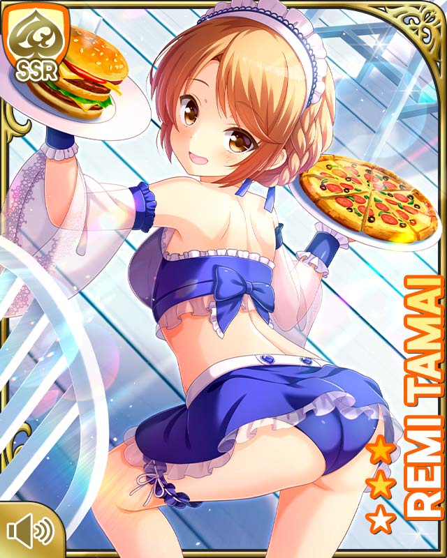1girl, :d, apron, ass, beach, bent_over, bikini, blue_bikini, blue_skirt, breasts, brown_eyes, brown_hair, burger, card_(medium), day, food, girlfriend_(kari), looking_at_viewer, low_twintails, maid_apron, maid_headdress, ocean, official_art, open_mouth, outdoors, pizza, qp:flapper, skirt, smile, solo, standing, swimsuit, tagme, tamai_remi, thighhighs, tropical, twintails, upskirt, white_thighhighs