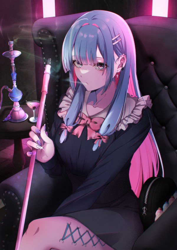 1girl, backlighting, bag, bare_legs, black_shirt, blue_hair, braid, breasts, chair, cocktail, cocktail_glass, collarbone, collared_shirt, colored_inner_hair, commentary, cross, cross_earrings, crossed_legs, cue_stick, cup, drinking_glass, earrings, frilled_shirt, frills, front_braid, fujifuji0330, hair_intakes, handbag, holding, holding_cue_stick, hookah, jewelry, long_hair, long_sleeves, looking_at_viewer, lounge_chair, low-braided_long_hair, low-tied_long_hair, low_twin_braids, medium_breasts, multicolored_hair, neon_lights, on_chair, original, parted_lips, pink_hair, purple_nails, shirt, sidelocks, sitting, smoking, solo, spiked_ear_piercing, stitched_leg, stitches, twin_braids, white_eyes, zipper, zipper_pull_tab