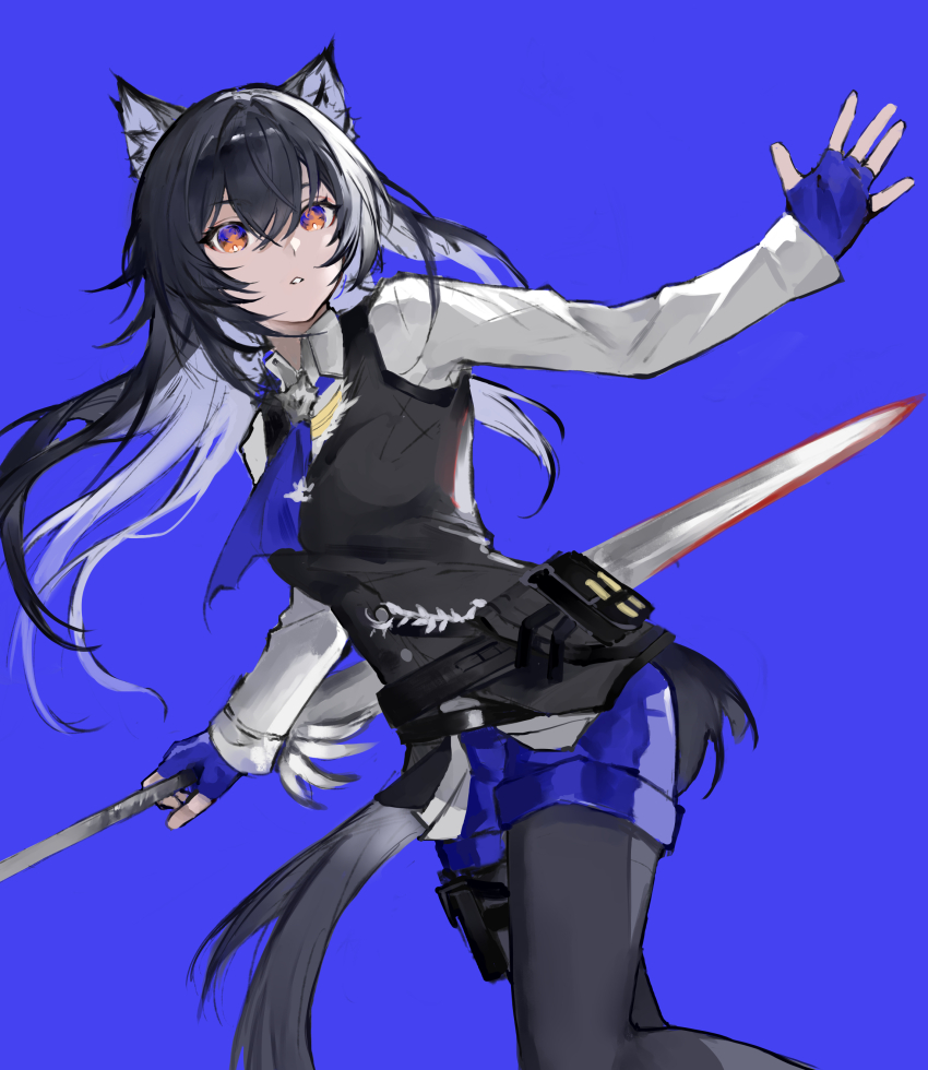 1girl, absurdres, animal_ears, arknights, black_hair, black_pantyhose, black_vest, blue_background