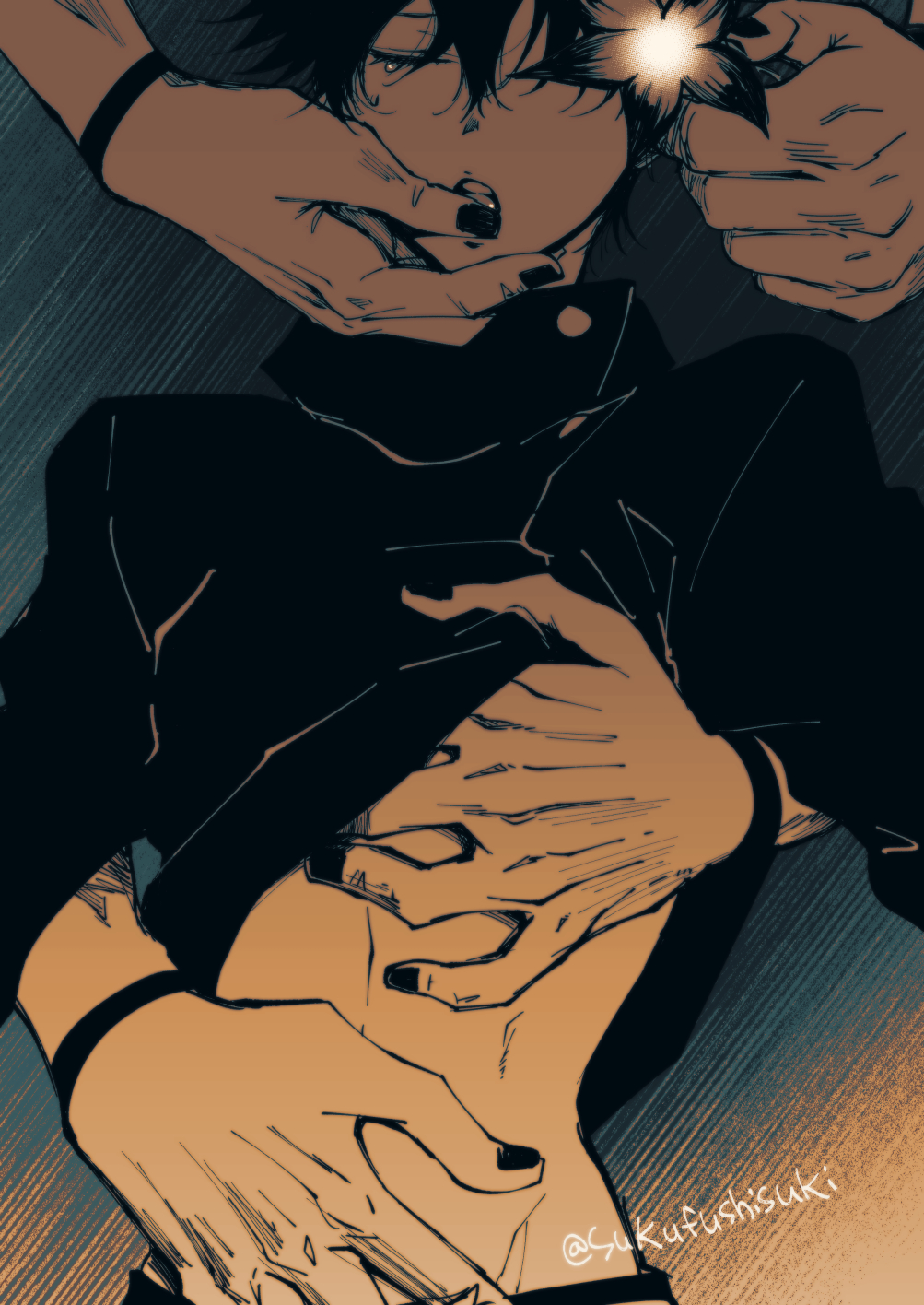 2boys, arm_tattoo, closed_eyes, commentary_request, extra_arms, flower, fushiguro_megumi, groping