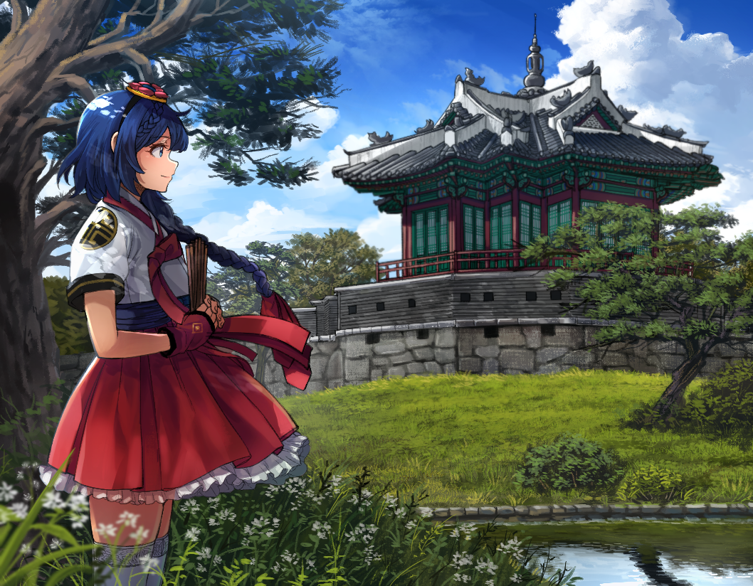 1girl, blue_eyes, blue_hair, blue_sky, braid, fingerless_gloves, flower, glass, gloves, hair_flower, hair_ornament, hanbok, hand_fan, holding, holding_fan, hwaseong_fortress, korea, korean_anime, korean_clothes, korean_commentary, looking_to_the_side, red_gloves, red_ribbon, red_skirt, reflection, ribbon, river, scenery, semi_(semi_wa_magic_cube), semi_wa_magic_cube, shirt, short_hair, short_sleeves, single_braid, skirt, sky, smile, solo, standing, thighhighs, traditional_clothes, tree, white_shirt, white_thighhighs, yong-gok