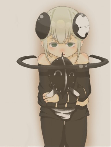 1girl, child, giger, green_eyes, sekai_oni, simple_background, stuffed_toy, tagme