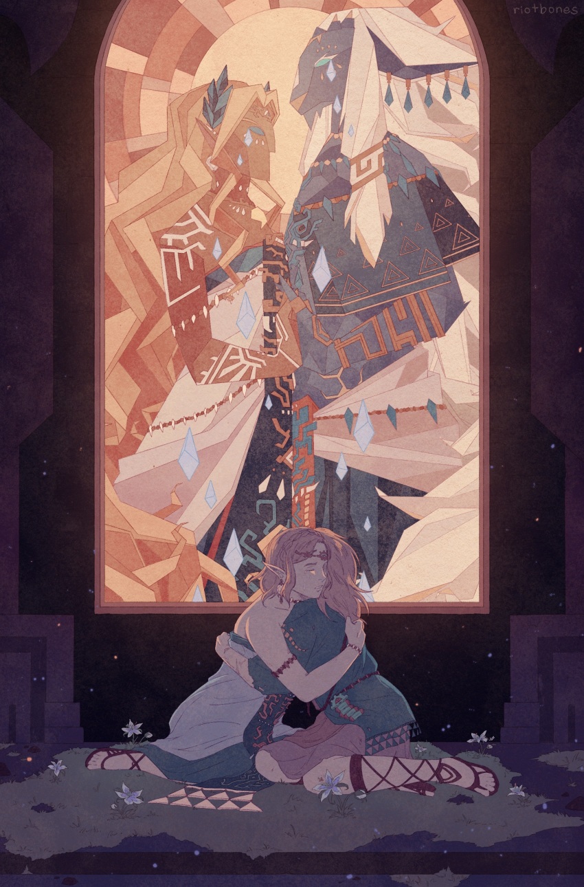 2boys, 2girls, absurdres, archaic_set_(zelda), blonde_hair, dark-skinned_female, dark_skin, highres, holding_hands, hug, link, long_hair, multiple_boys, multiple_girls, nintendo, pointy_ears, princess_zelda, rauru_(tears_of_the_kingdom), riotbones, sandals, sonia_(zelda), stained_glass, tattoo, the_legend_of_zelda, the_legend_of_zelda:_tears_of_the_kingdom, tiara, very_long_ears, very_long_hair