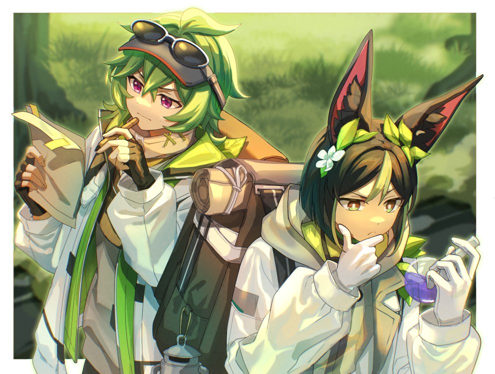 1boy, 1girl, animal_ear_fluff, animal_ears, black_hair, closed_mouth, collei_(genshin_impact), collei_(kiehls')_(genshin_impact)