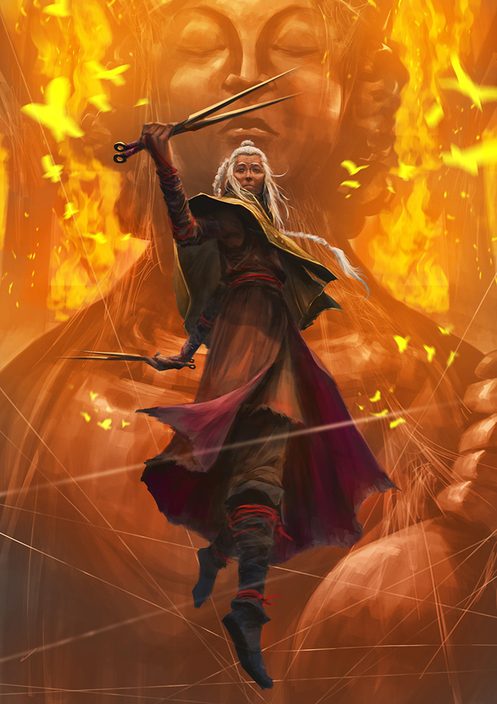 1girl, bug, butterfly, capelet, closed_mouth, draw_souls, fire, green_capelet