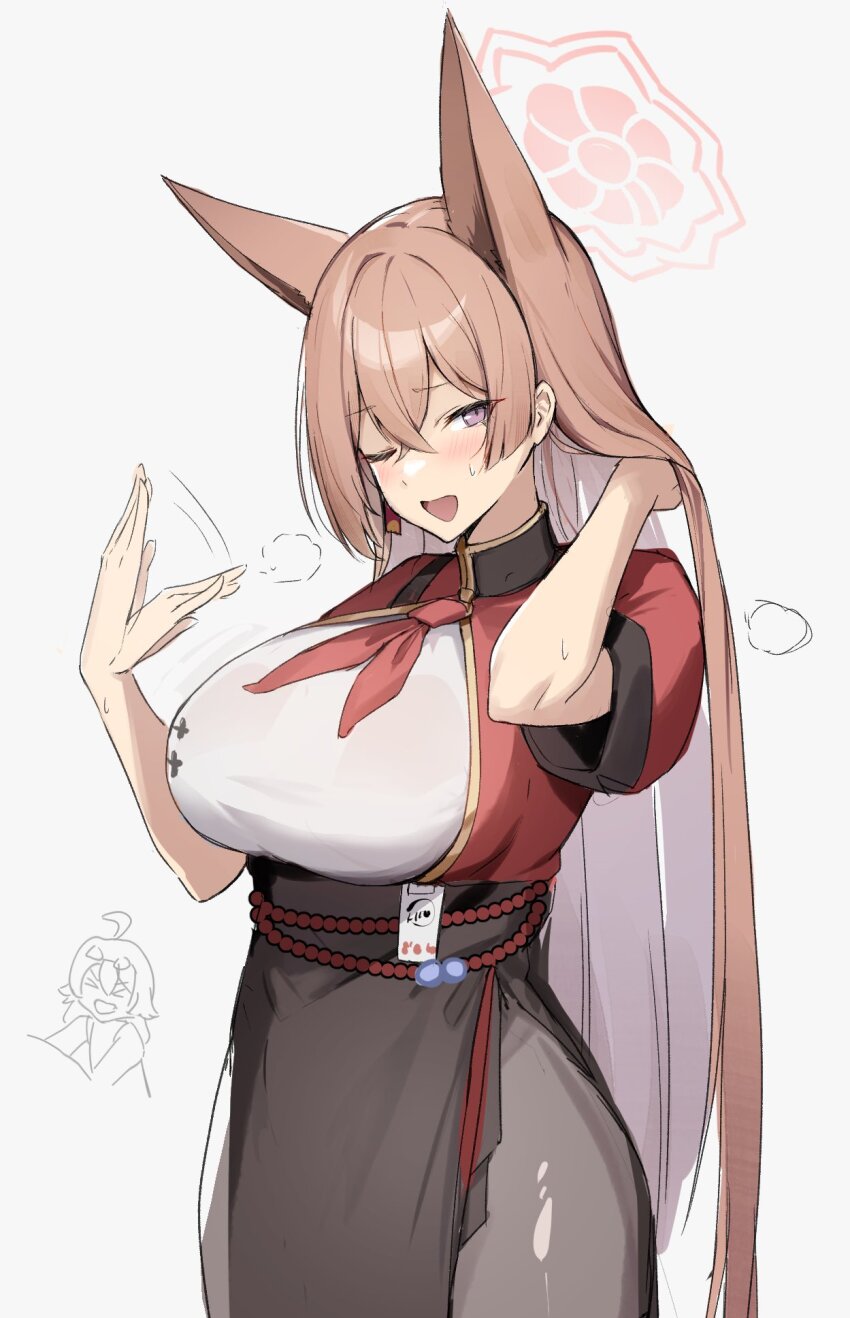 1girl, 2girls, animal_ears, black_pantyhose, blue_archive, blush, breasts, brown_hair