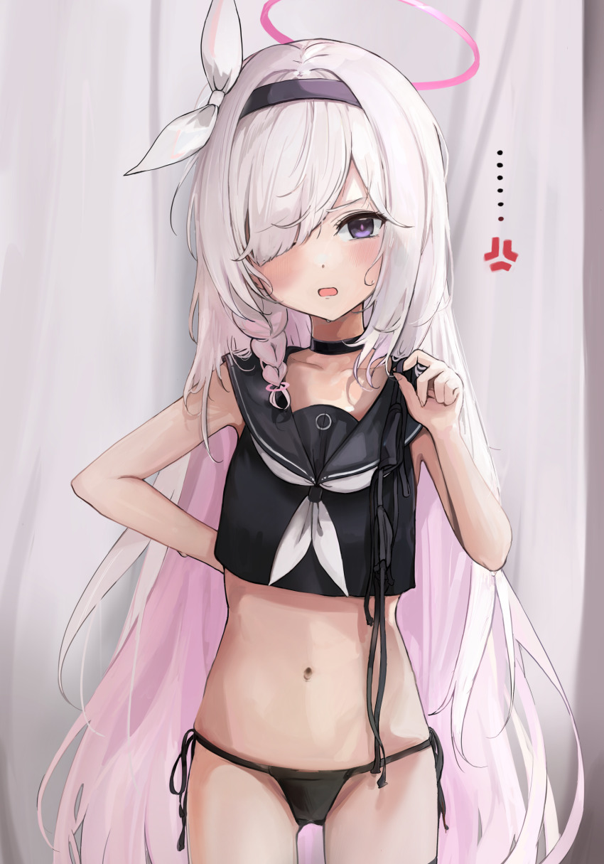 1girl, absurdres, bikini, black_bikini, black_choker, black_hairband, black_serafuku, blue_archive