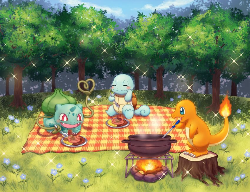 blanket, blue_eyes, blue_flower, blush, bright_pupils, bulbasaur, charmander, claws