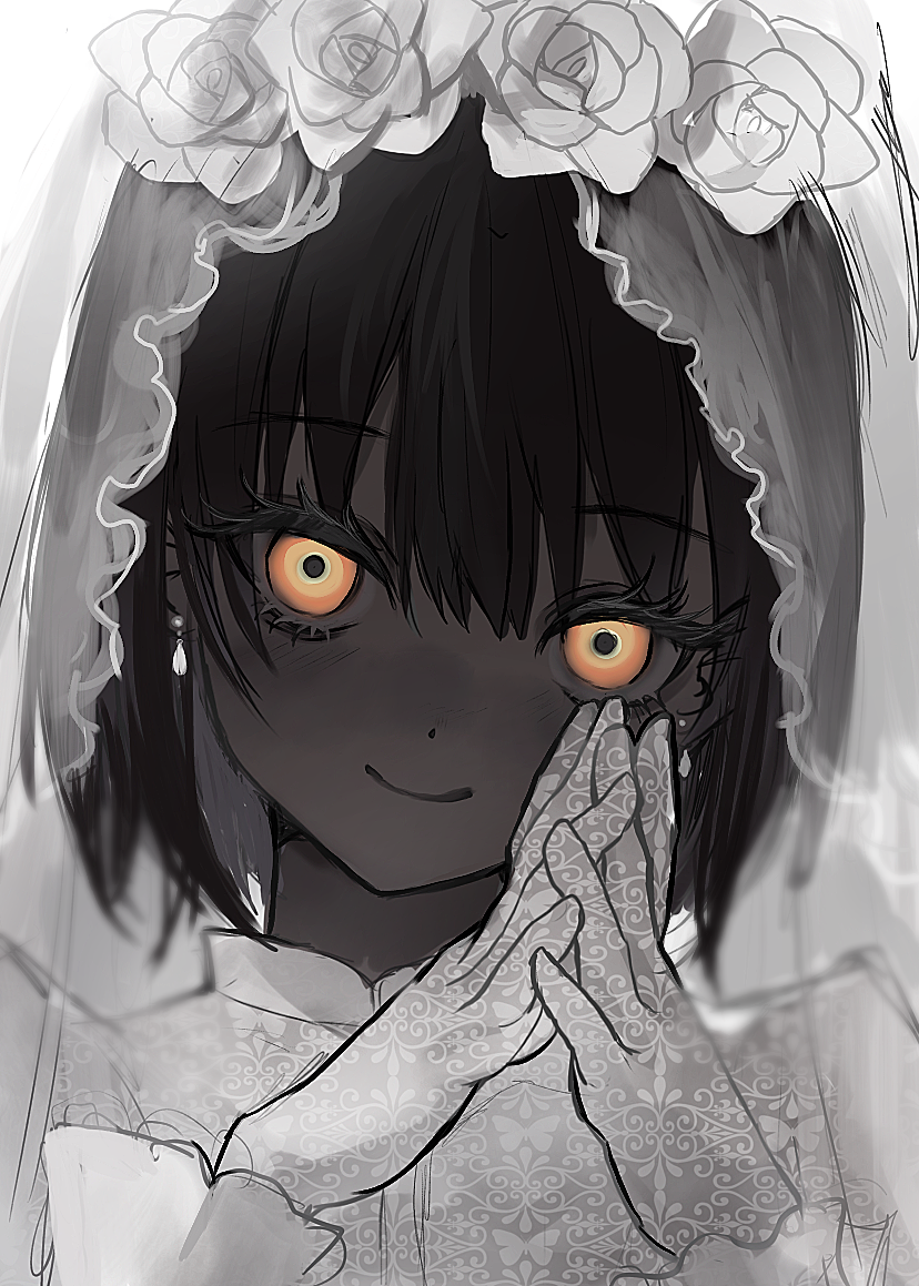 1girl, akai_ringo_(eveyuno), black_hair, bridal_veil, dark-skinned_female, dark_skin, dress, earrings, eyelashes, flower, gloves, hair_between_eyes, jewelry, lace, lace_gloves, long_sleeves, looking_at_viewer, orange_eyes, original, own_hands_together, portrait, short_hair, solo, veil, white_dress, white_flower, yellow_eyes