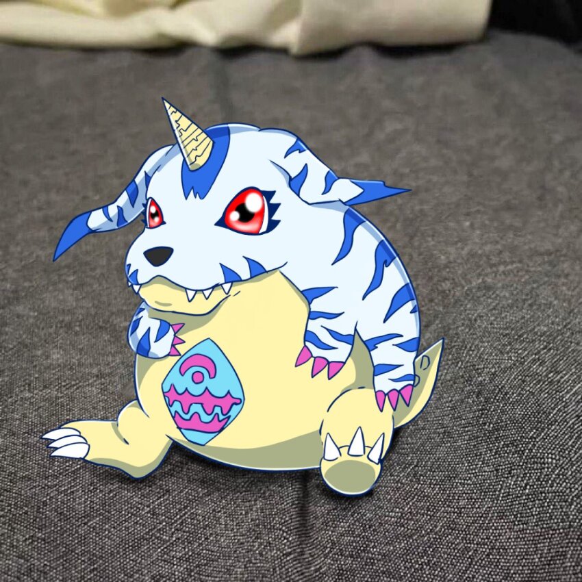 digimon, digimon_(creature), gabumon, meme, red_eyes, sharp_teeth, sitting_baby_alligator_(meme), solo